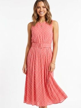 My Michelle Coral Polka Dot Midi Dress Size 5/6 Belted Sleeveless Summer